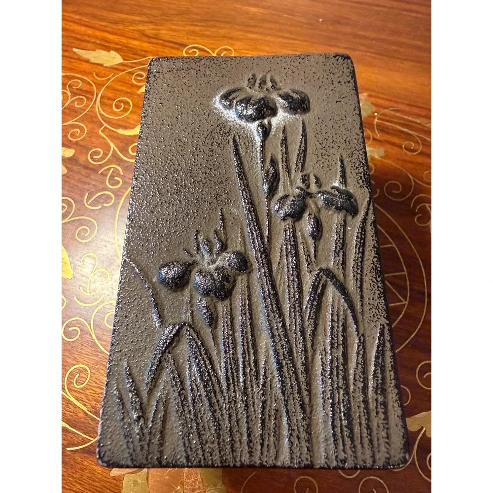 Vintage Cast Iron Jewelry Box with Iris Relief Design